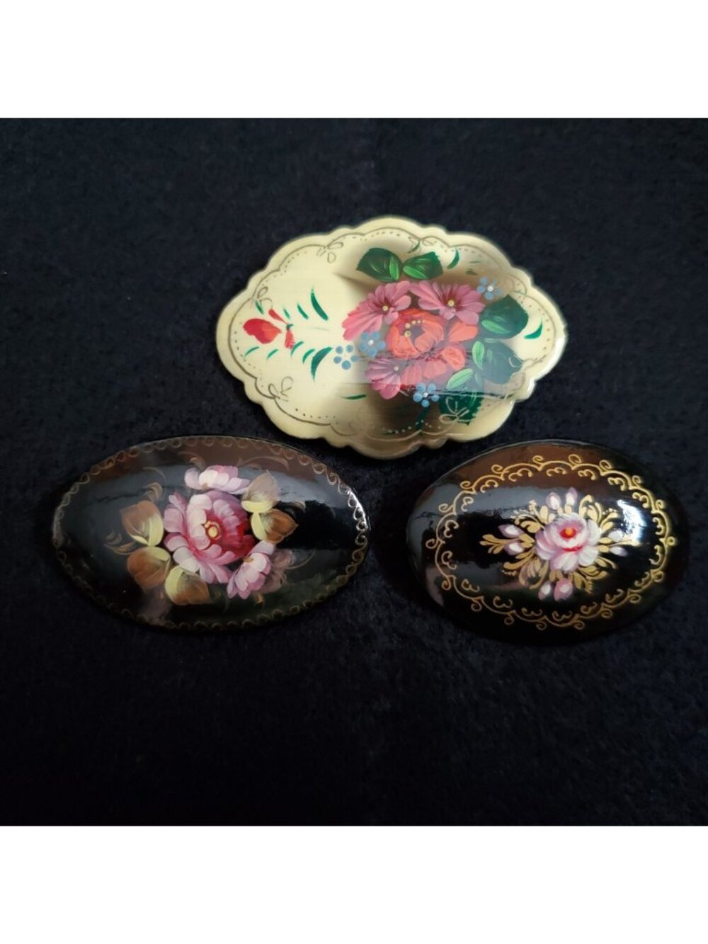 Vintage Brooch Lot Of 3 Lacquered Hand Painted Floral Black Multi Color